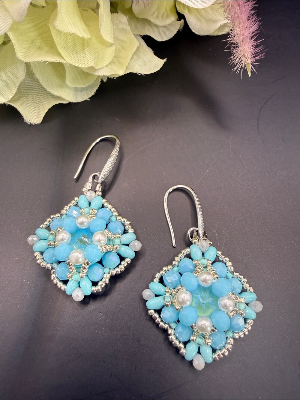 Turquoise Blue Beaded Floral Drop Earrings